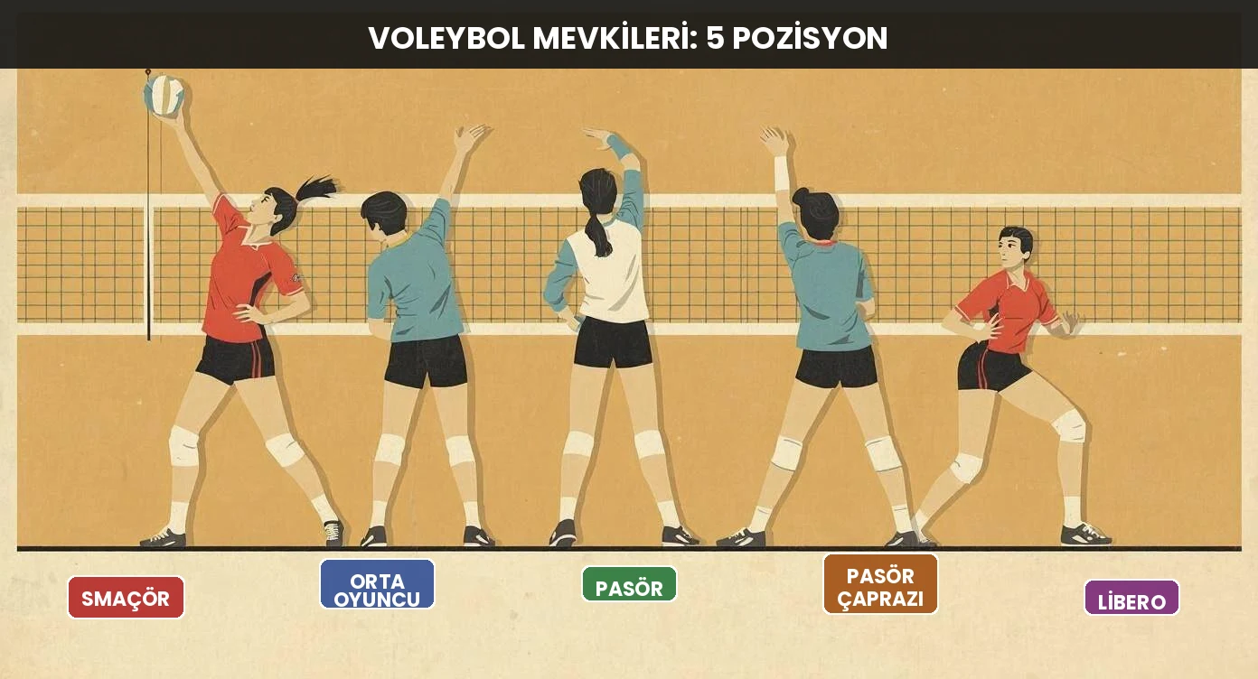 Voleybol mevkileri karşılaştırma: beş farklı pozisyondaki oyuncuların yan yana retro illüstrasyonu
