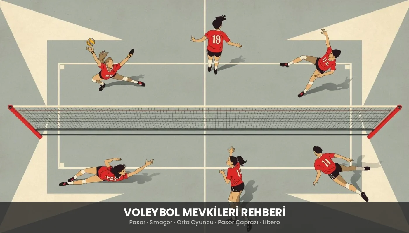 Voleybol mevkileri rehberi kapak görseli: sahada altı farklı pozisyonda duran oyuncuların retro tarzda illüstrasyonu