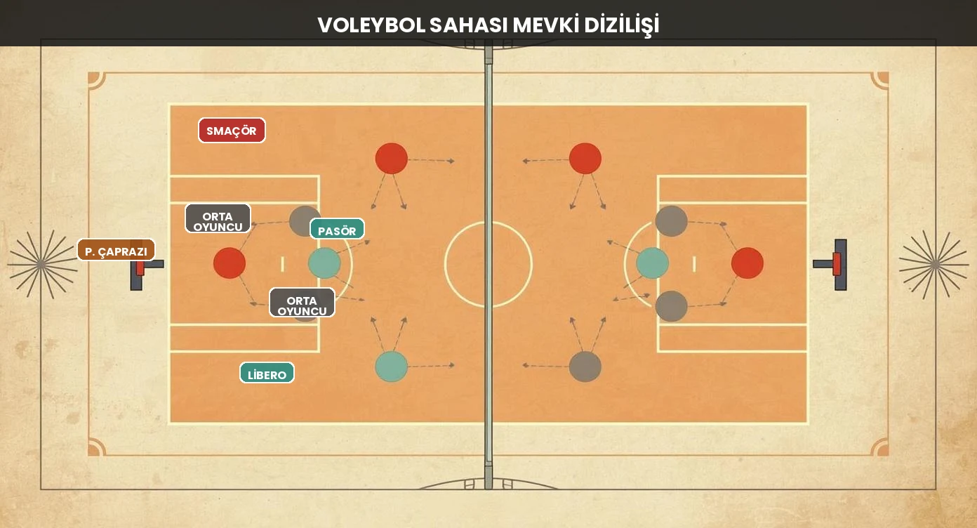 Voleybol mevkileri saha dizilişi: altı oyuncunun file önündeki pozisyonlarını gösteren diyagram