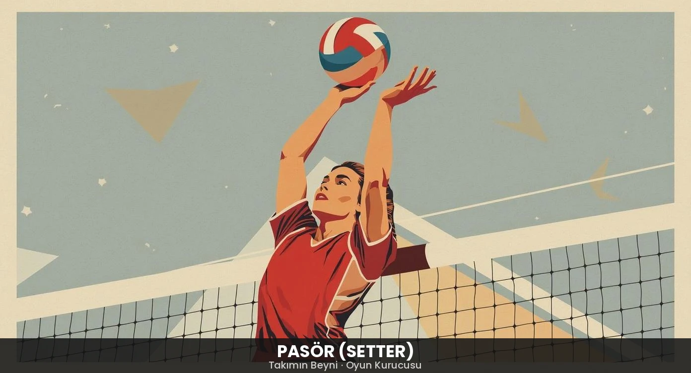 Voleybol pasör mevkisi: file önünde parmak pas yapan oyuncunun retro tarzda illüstrasyonu