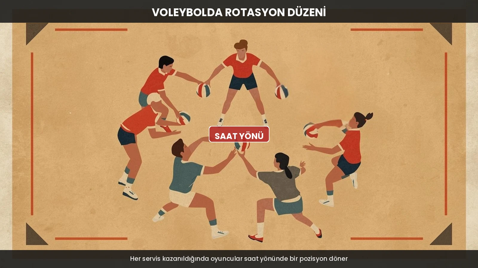 Voleybolda rotasyon düzeni: dairesel formasyonda saat yönünde dönen altı oyuncunun retro illüstrasyonu