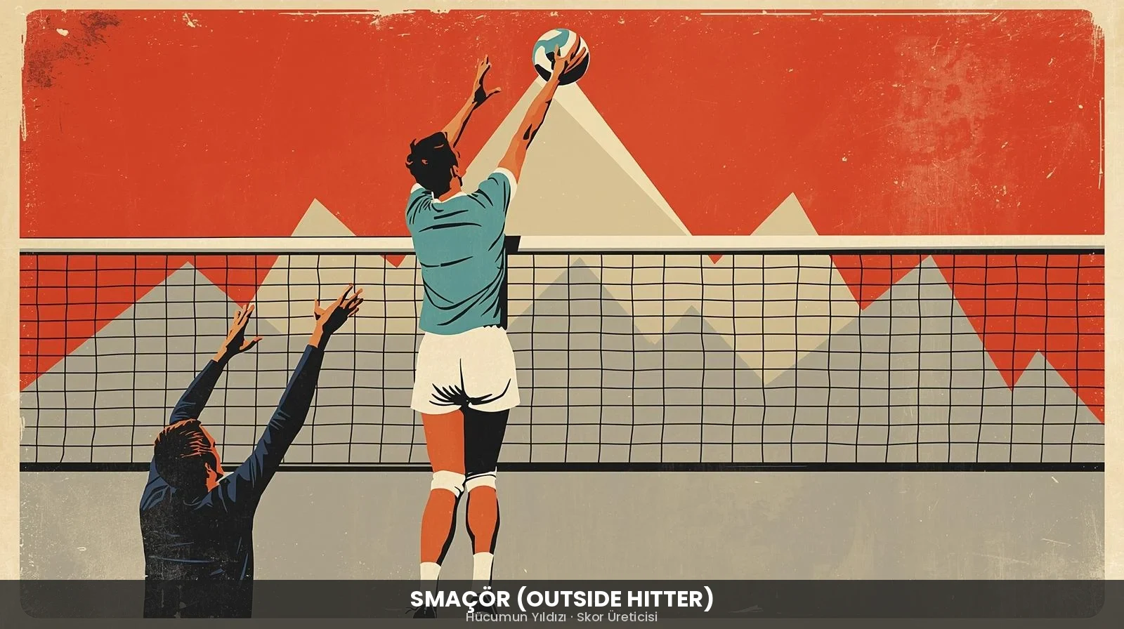 Voleybol smaçör mevkisi: file önünde smaç vuruşu yapan oyuncunun retro tarzda illüstrasyonu